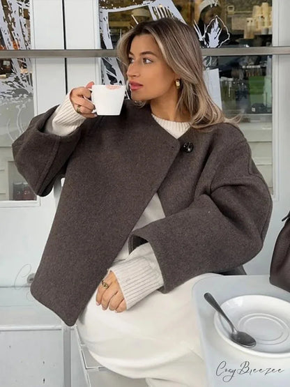 Lamb Wool Lapel Full Sleeve Coat Brown / S overcoats-241228