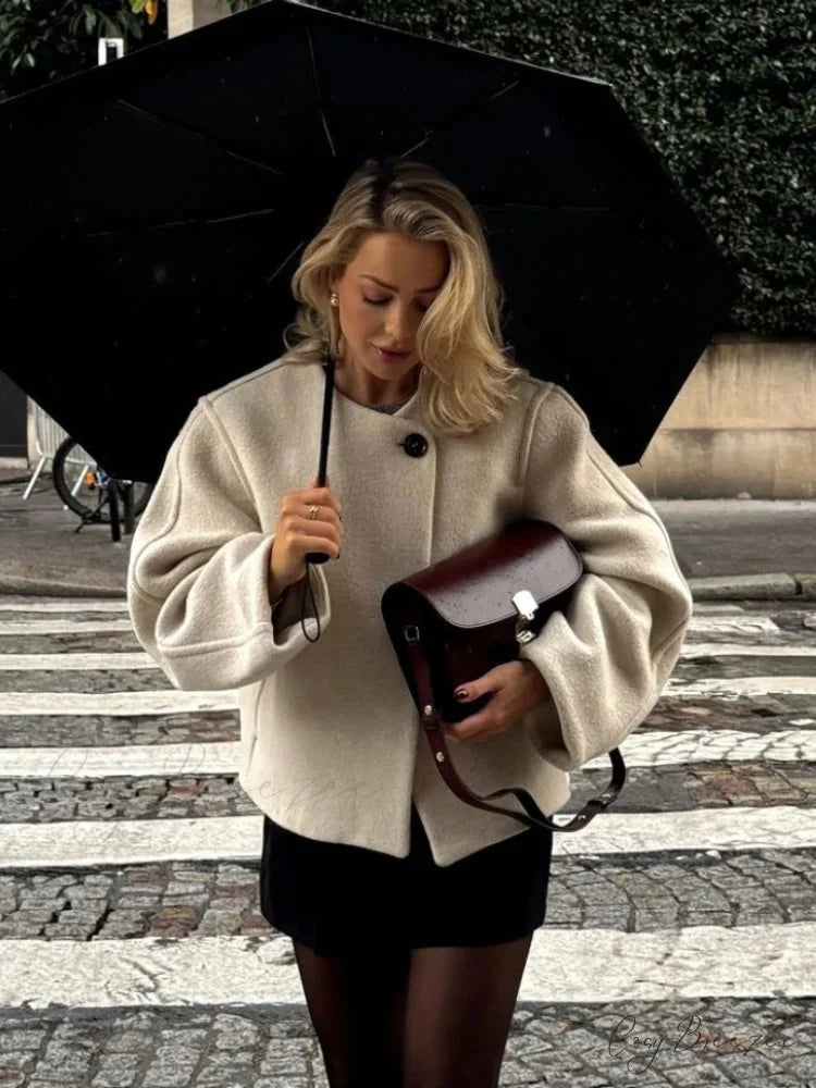 Lamb Wool Lapel Full Sleeve Coat White / S overcoats-241228