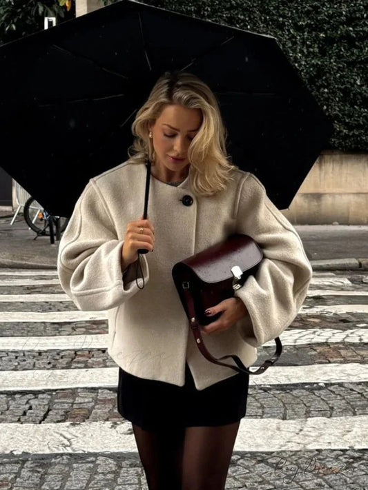 Lamb Wool Lapel Full Sleeve Coat White / S overcoats-241228