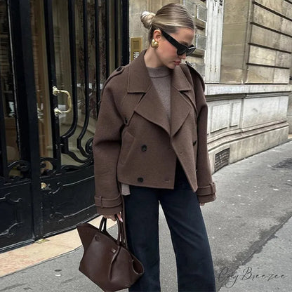 Lamb Wool Patchwork Leather Belted Coat Brown short coat / S overcoats-241228