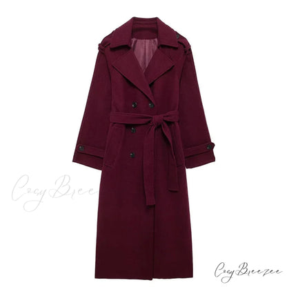 Lamb Wool Patchwork Leather Belted Coat Burgundy with Belt / S overcoats-241228