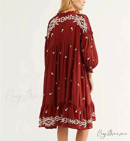 Lantern Long Sleeve Cotton Rayon Embroidery Dress bohodress-250126