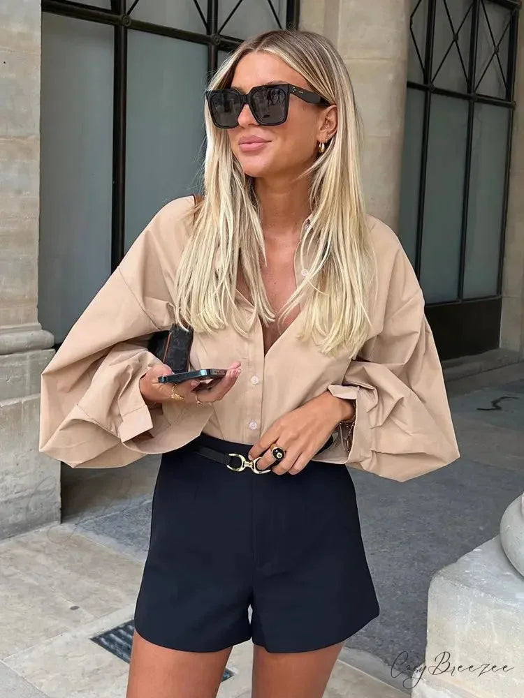 Lantern Sleeve Button Collar Shirt blouse-250223