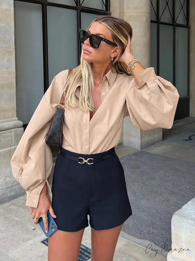 Lantern Sleeve Button Collar Shirt blouse-250223