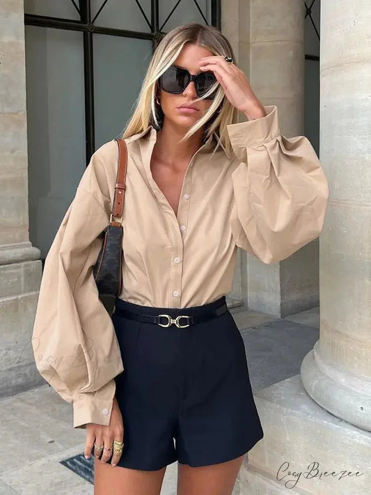 Lantern Sleeve Button Collar Shirt Khaki / S blouse-250223