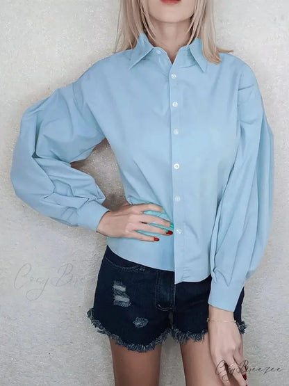 Lantern Sleeve Button Collar Shirt Light Blue / S blouse-250223