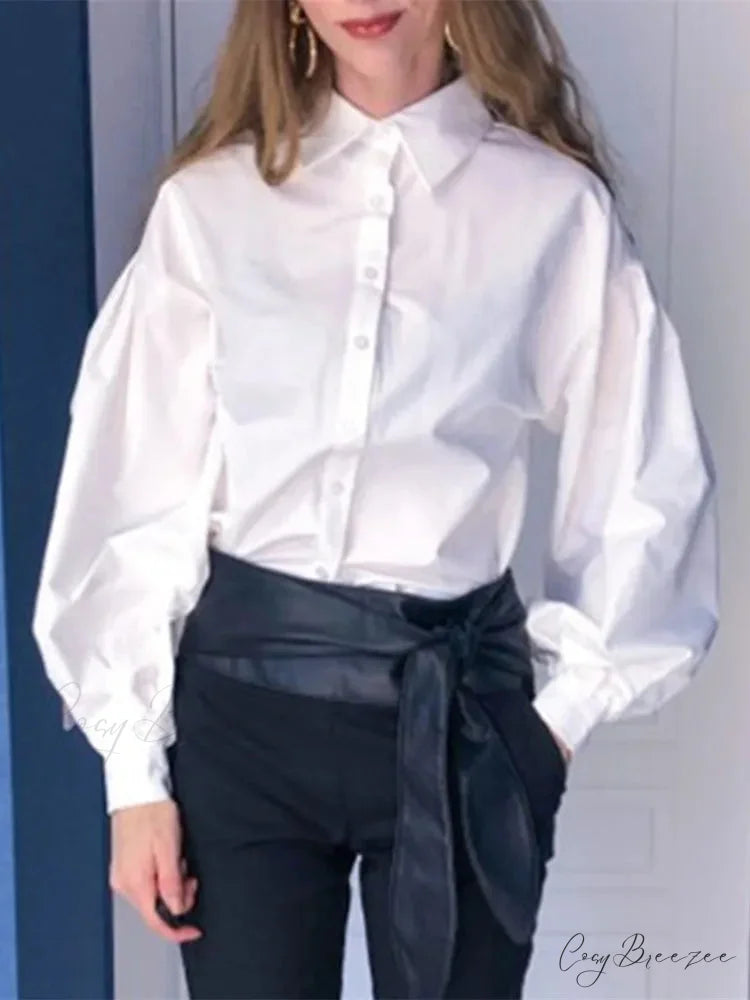 Lantern Sleeve Button Collar Shirt White / S blouse-250223