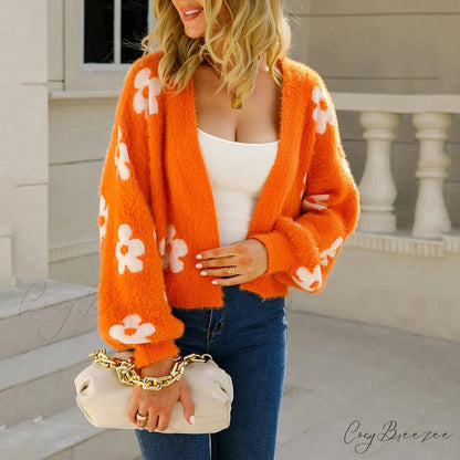 Lantern Sleeve Knitted Cropped Flower Cardigan Orange / S cardiagn-250126