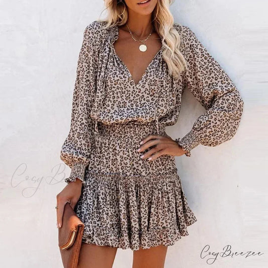 Lantern Sleeve Leopard Boho Dress Leopard / S bohodress-250126