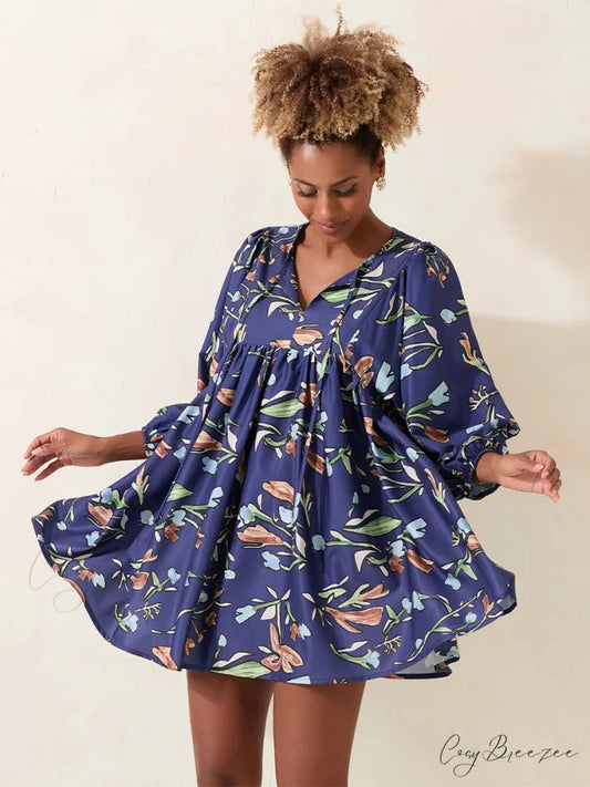 Lantern Sleeve Loose Floral Tied Bodydoll Short Dress floraldress-250126