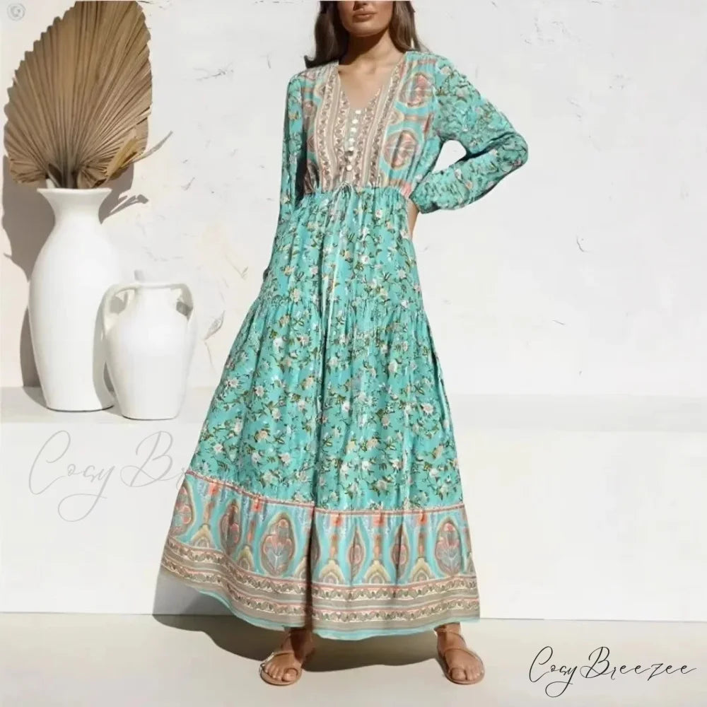 Lantern Sleeve Loose V-neck Green Floral Print Summer Maxi Dress GREEN / S bohodress-250126