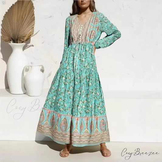 Lantern Sleeve Loose V-neck Green Floral Print Summer Maxi Dress GREEN / S bohodress-250126