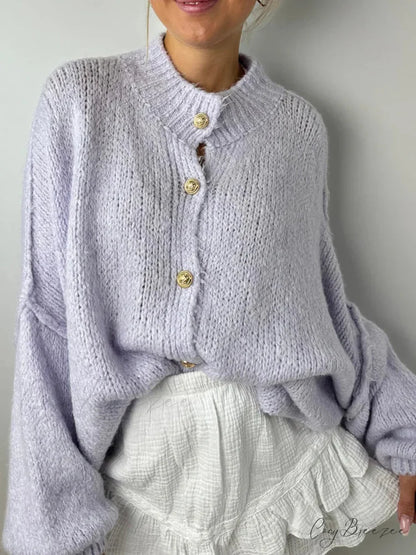 Lantern Sleeve Stand Collar Cardigan Light Purple / S cardigans-241228