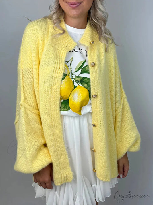 Lantern Sleeve Stand Collar Cardigan Yellow / S cardigans-241228