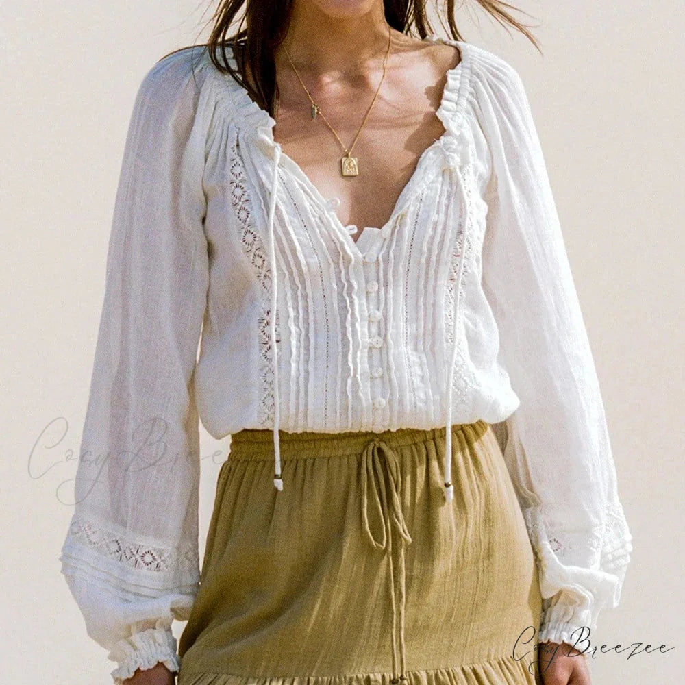 Lantern Sleeve V-Neck Lace Vintage Cotton Boho Blouse bohoblouse-250126