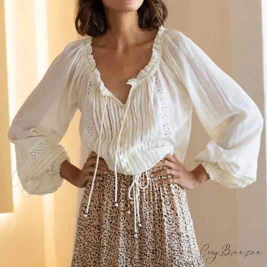 Lantern Sleeve V-Neck Lace Vintage Cotton Boho Blouse White1 / S bohoblouse-250126