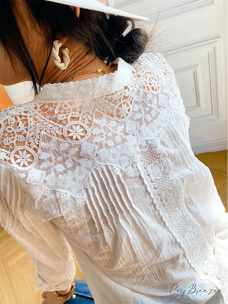 Lantern Sleeve V-Neck Lace Vintage Cotton Boho Blouse White2 / S bohoblouse-250126
