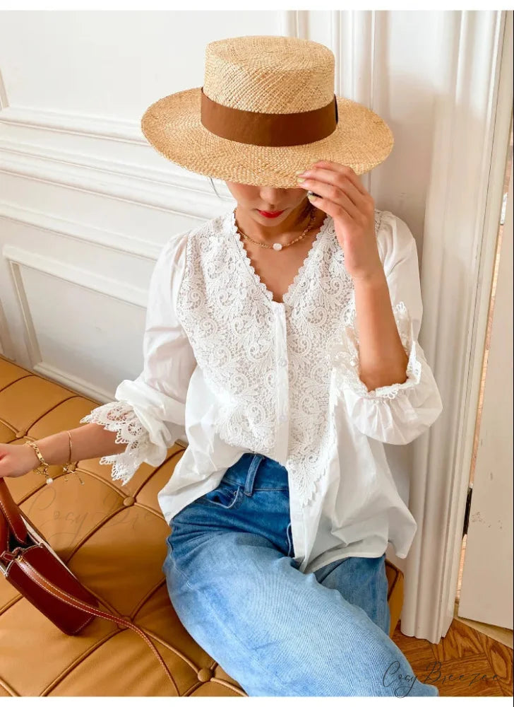 Lantern Sleeve V-Neck Lace Vintage Cotton Boho Blouse White5 / S bohoblouse-250126