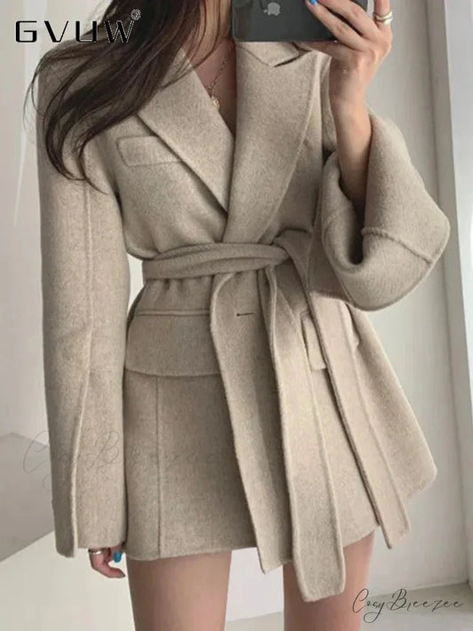 Lapel Belted Spliced Pockets Coat overcoats-241228