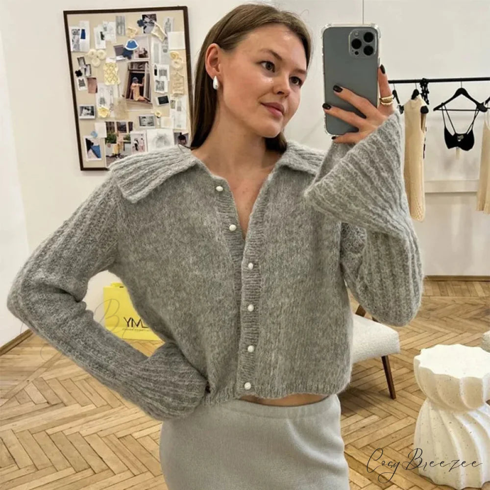 Lapel Pearl Single-breasted Cardigan Grey / S