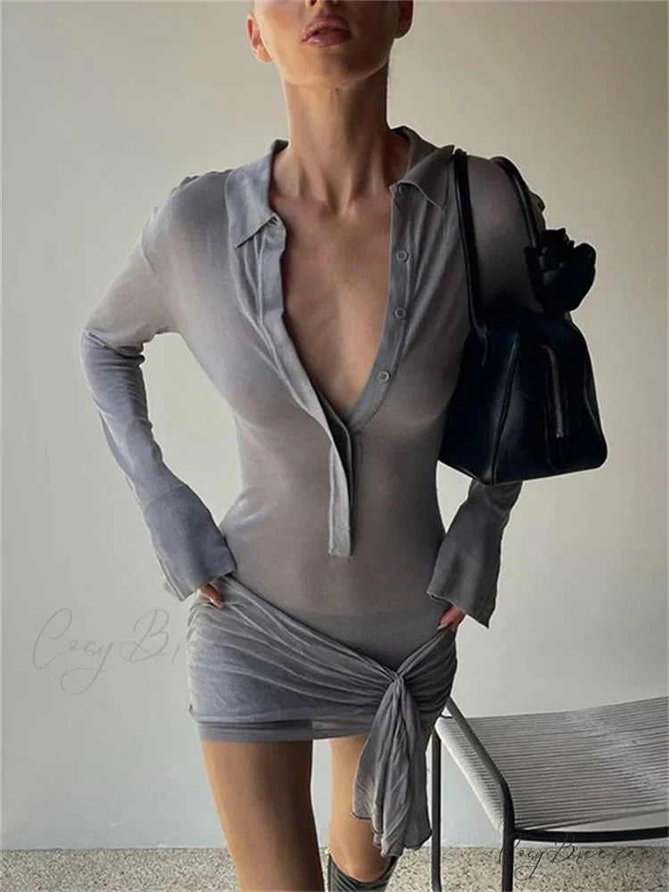 Lapel Pleated Transparent Mini Gown GRAY / S minidress-250223