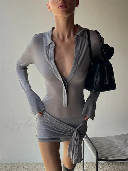 Lapel Pleated Transparent Mini Gown GRAY / S minidress-250223