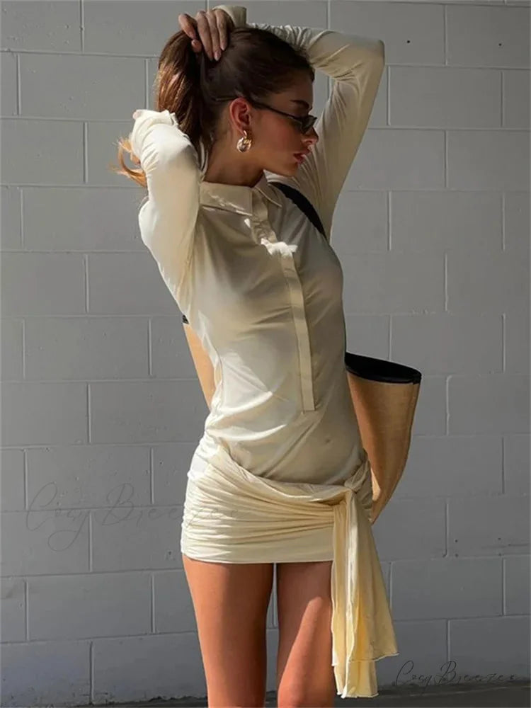 Lapel Pleated Transparent Mini Gown minidress-250223