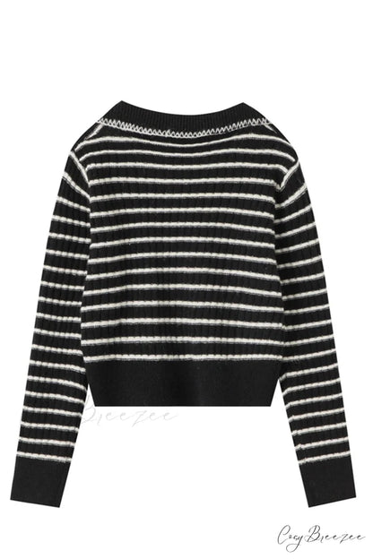 Lapel Striped V Neck Sweater