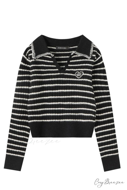 Lapel Striped V Neck Sweater Black / S