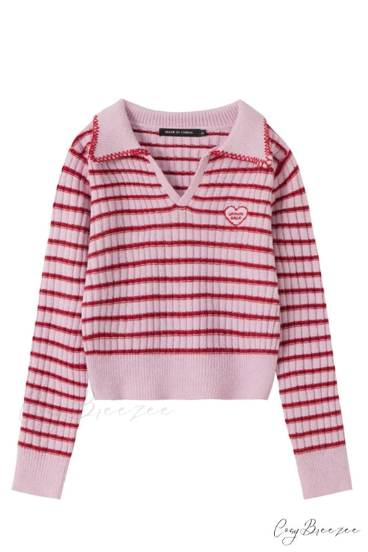 Lapel Striped V Neck Sweater Pink / S