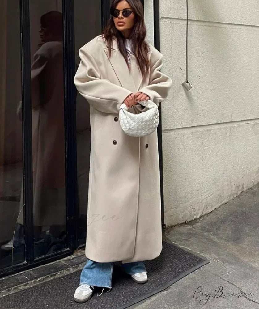 Lapel Woolen Double-Breasted Shoulder Pad Coat Beige / S overcoats-241228