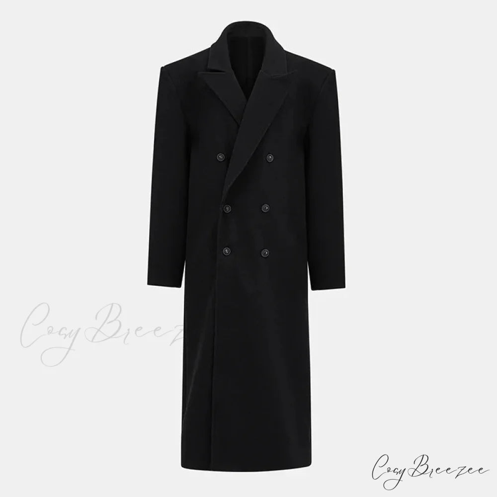 Lapel Woolen Double-Breasted Shoulder Pad Coat Black / S overcoats-241228