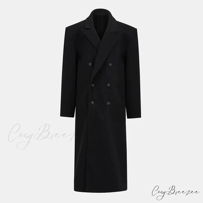Lapel Woolen Double-Breasted Shoulder Pad Coat Black / S overcoats-241228