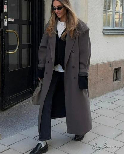 Lapel Woolen Double-Breasted Shoulder Pad Coat gray / S overcoats-241228