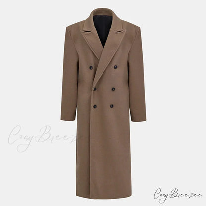 Lapel Woolen Double-Breasted Shoulder Pad Coat Khaki / S overcoats-241228