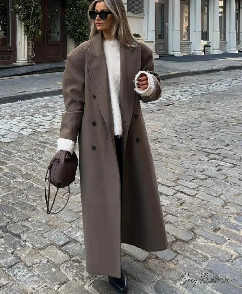 Lapel Woolen Double-Breasted Shoulder Pad Coat overcoats-241228