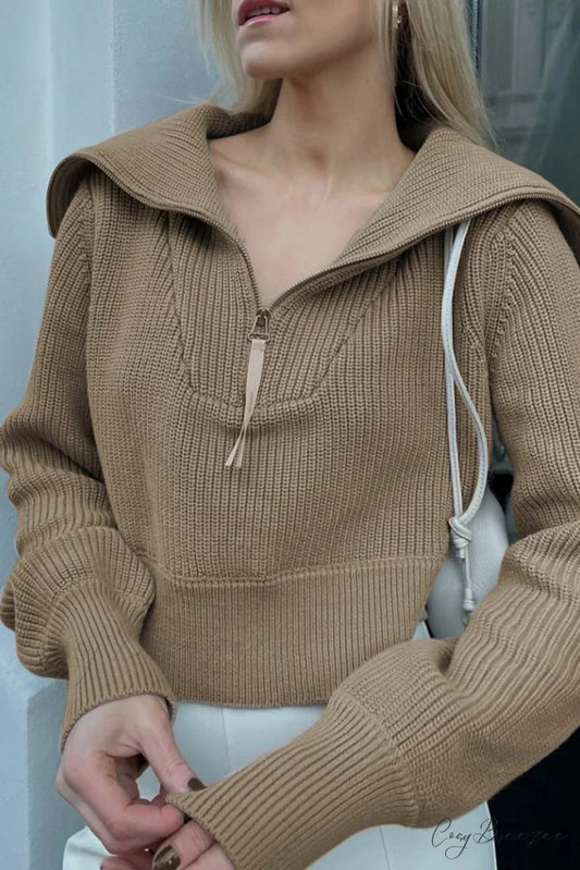Lapel Zipper Sweater Khaki / S