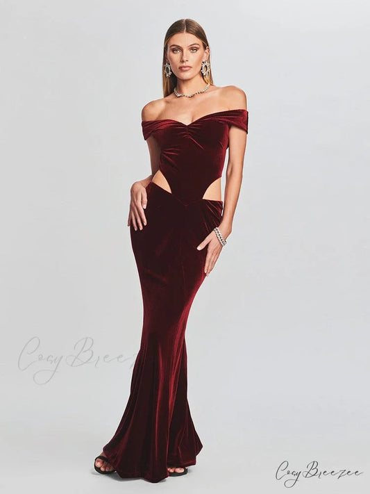 Lara Glitter Stylish Velvet Mermaid Dress WINE / XS