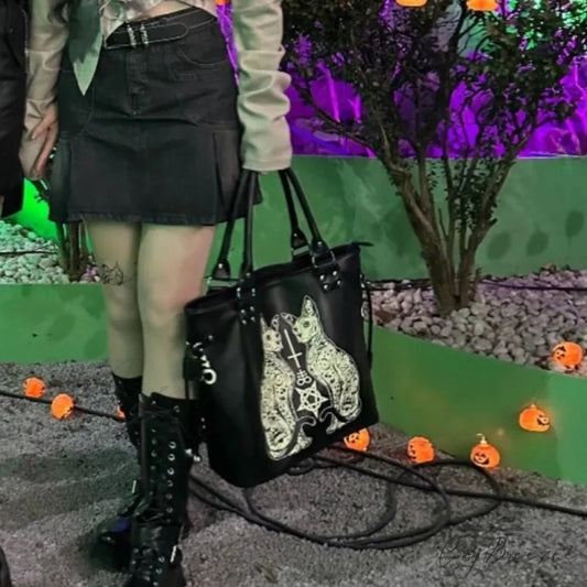 Large Capacity Black High Street Lolita Gothic Leather Y2K Grunge Punk Bag Black