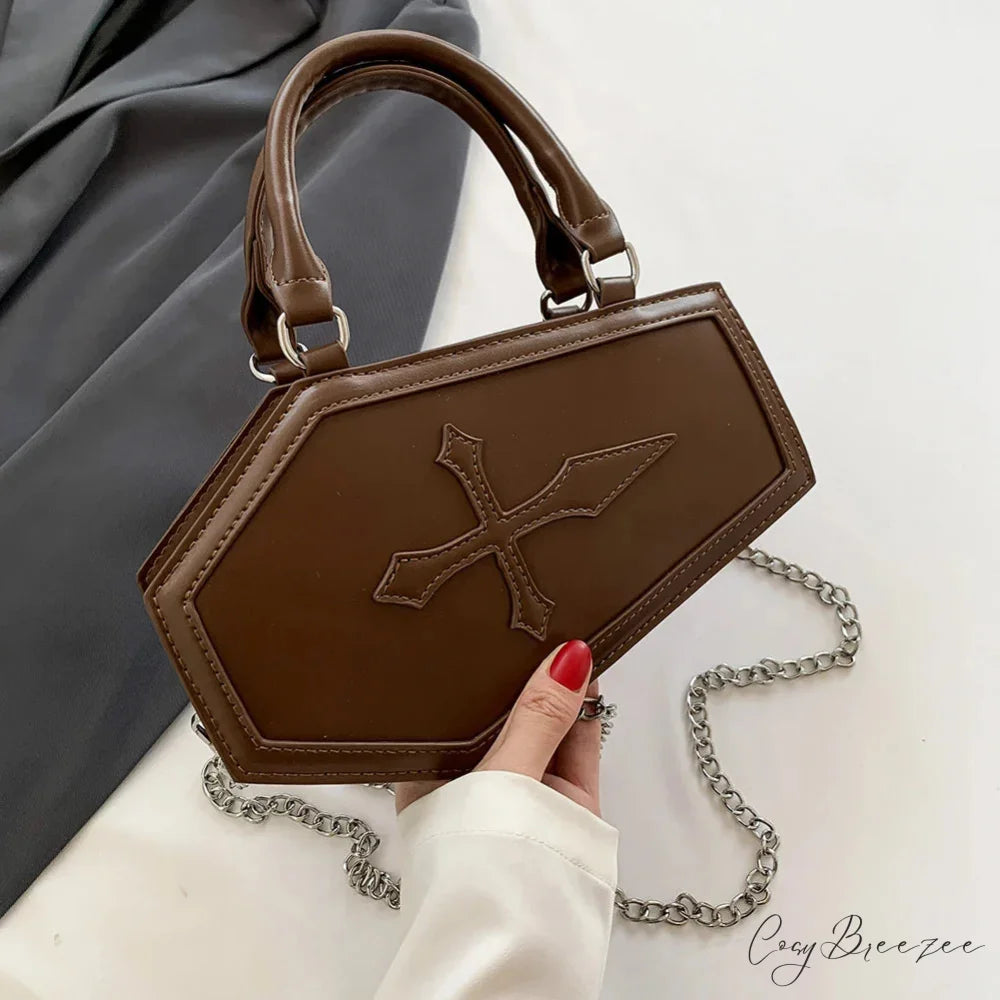 Large Capacity Coffin Shape Phone Shoulder PU Top Handle Travel Cosmetic Crossbody Bag Brown