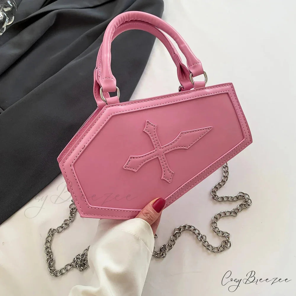 Large Capacity Coffin Shape Phone Shoulder PU Top Handle Travel Cosmetic Crossbody Bag Pink