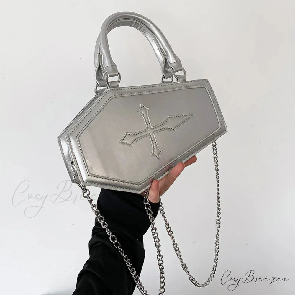 Large Capacity Coffin Shape Phone Shoulder PU Top Handle Travel Cosmetic Crossbody Bag Silver
