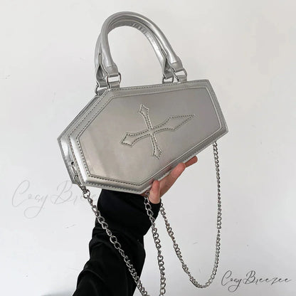 Large Capacity Coffin Shape Phone Shoulder PU Top Handle Travel Cosmetic Crossbody Bag Silver