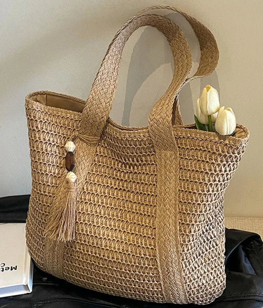 Large Capacity Fringe Straw Shoulder Bag shoulder-250126