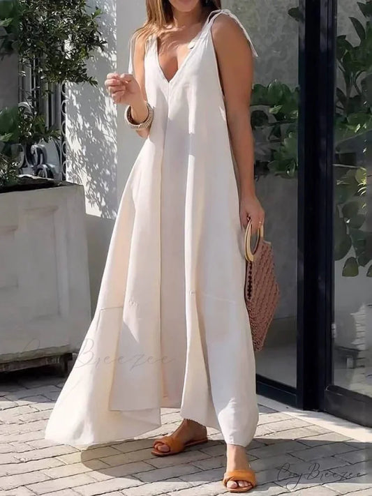 Large Hem Solid Color Graceful Sleeveless V-Neck Strap Maxi Dress White / S