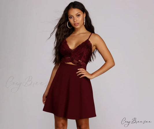 Lavish In Stylish Lace Skater Dress BURGUNDY / XS