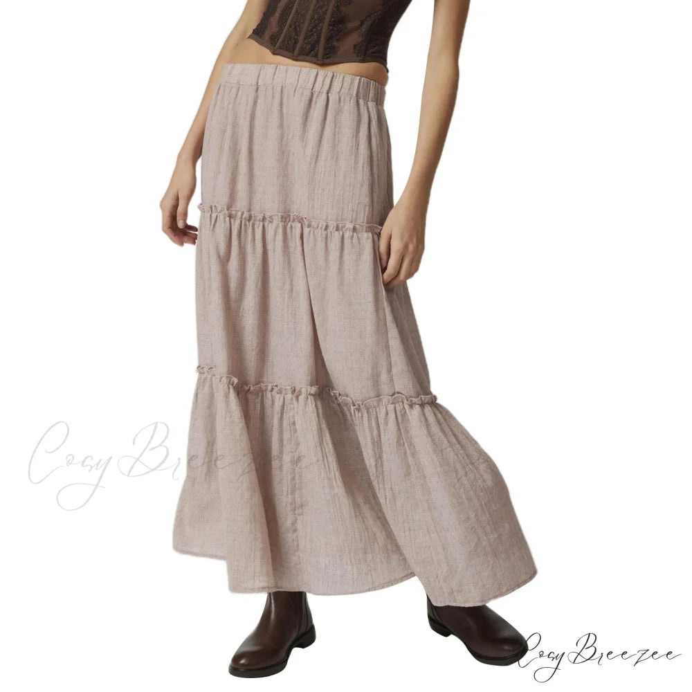 Layered Bohemian Ruffle Trim Skirt Khaki / S skirts-250223