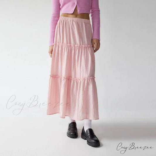 Layered Bohemian Ruffle Trim Skirt Pink / L skirts-250223