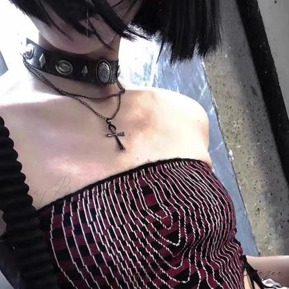 Layered Cross Brown Leather Choker Roman Rivet Punk Versatile Necklace BLACK