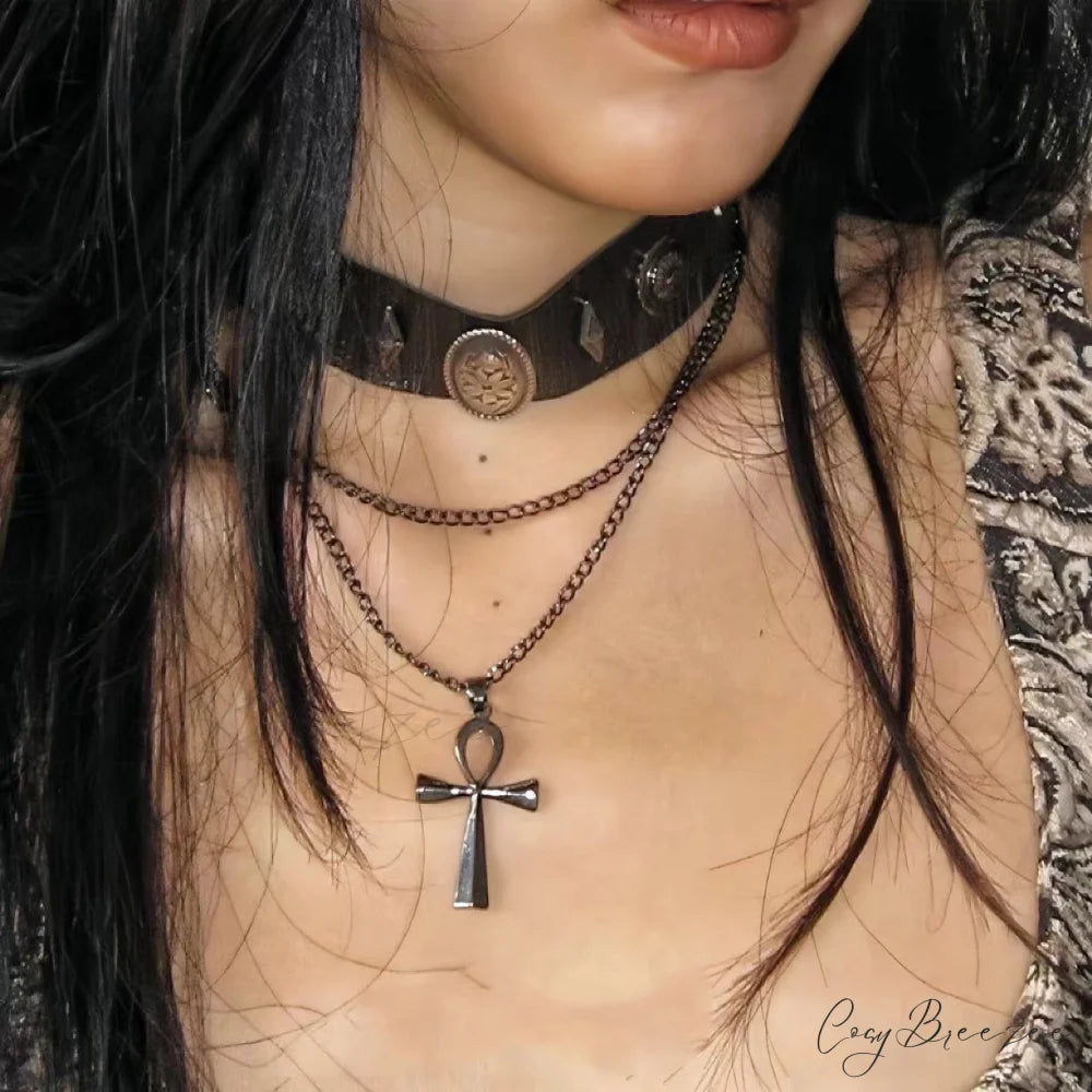 Layered Cross Brown Leather Choker Roman Rivet Punk Versatile Necklace BLACK